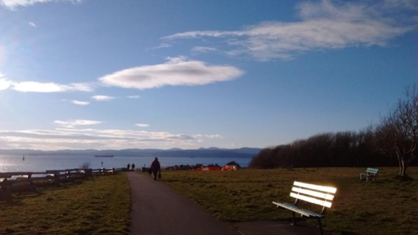 Image of boats off in the distance on the Salish Sea and a person walking down a path on a cloudy day with benches and trees to her right and the Sea to her left.