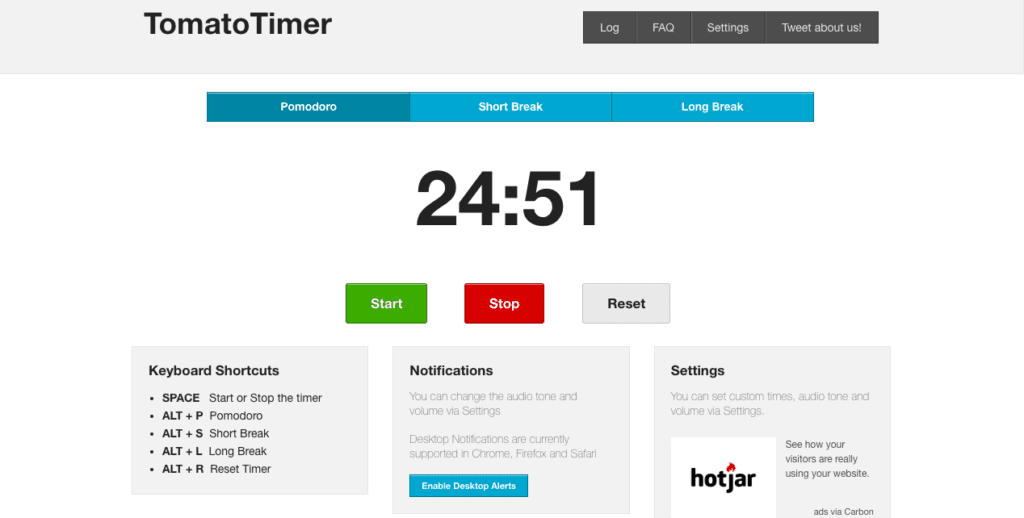 Image of a timer that you can start, stop and reset; and boxes showing keyboard shortcuts and notifications.