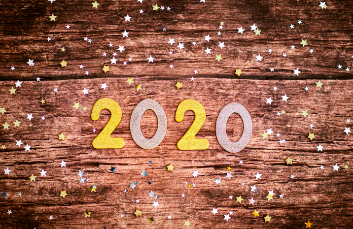 The number 2020 surrounded by sparkling lights to bring in the new year!