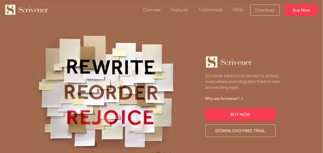 Screenshot of the Scrivener website with the words "REWRITE, REORDER and REJOICE" written above each other.