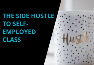A white cup with hustle on the side. To the left is the captioning, 