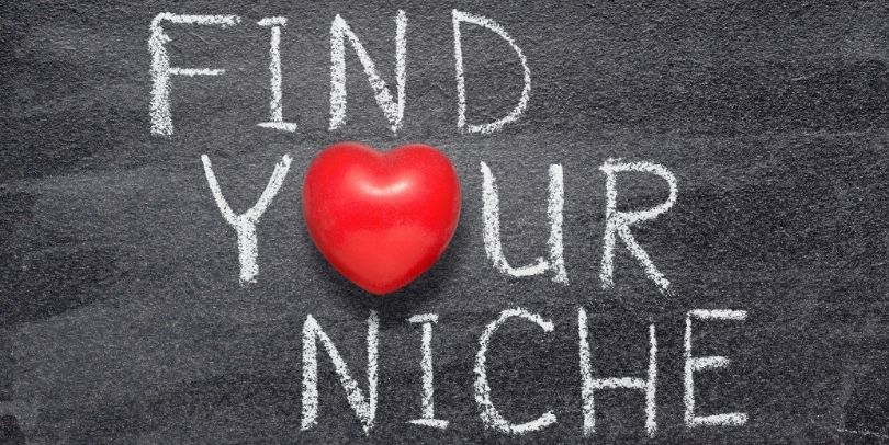 "FIND YOUR NICHE" phrase handwritten on chalkboard with red heart symbol instead of O.