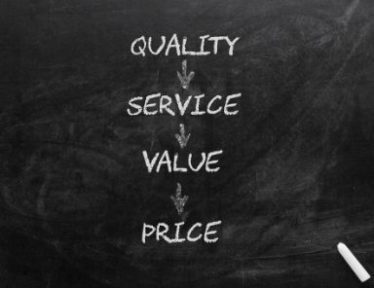 Quality, service, value and price diagram on blackboard.