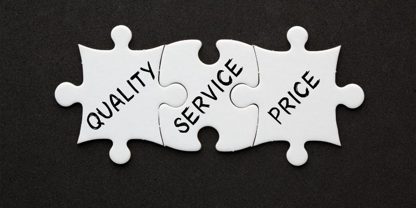 Three puzzle pieces showing Quality, Service and Price.