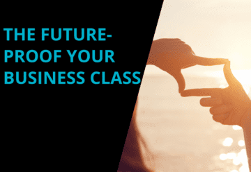 Image of two hands connecting at sunset. To the left is the captioning, The Future-Proof Your Business Class, in turquoise lettering and against a black background.