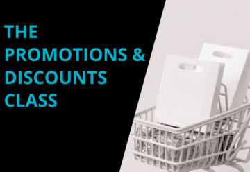 Image of a full shopping cart and to the left is the captioning, The Promotions and Discounts Class, in turquoise lettering against a dark background.